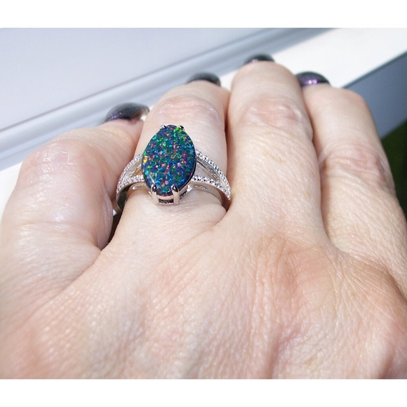 925 STERLING SILVER Lab Created Black Opal CZ Ring - Picture 4 of 16